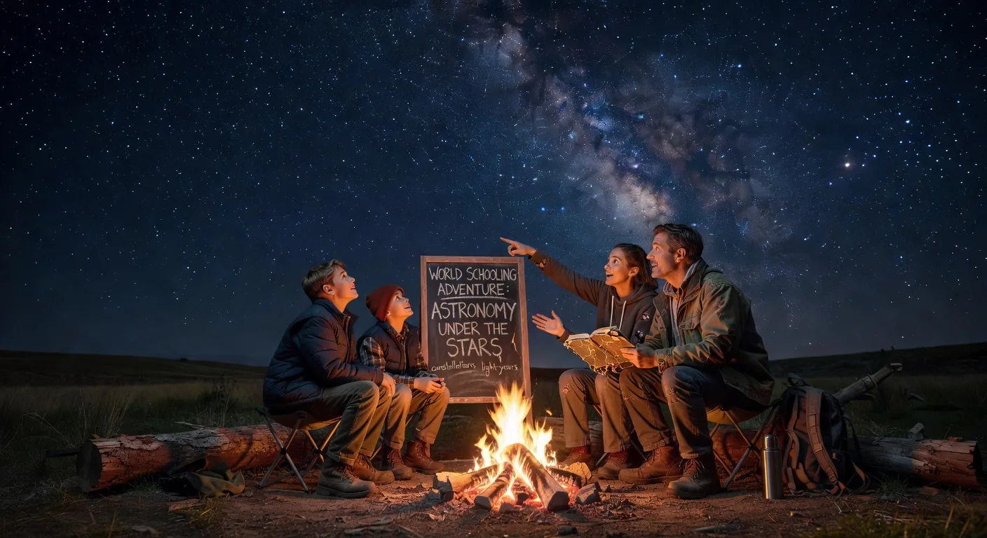 Family sitting around a campfire stargazing
