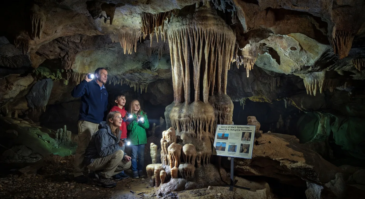 Family exploring cave stalactites for science education