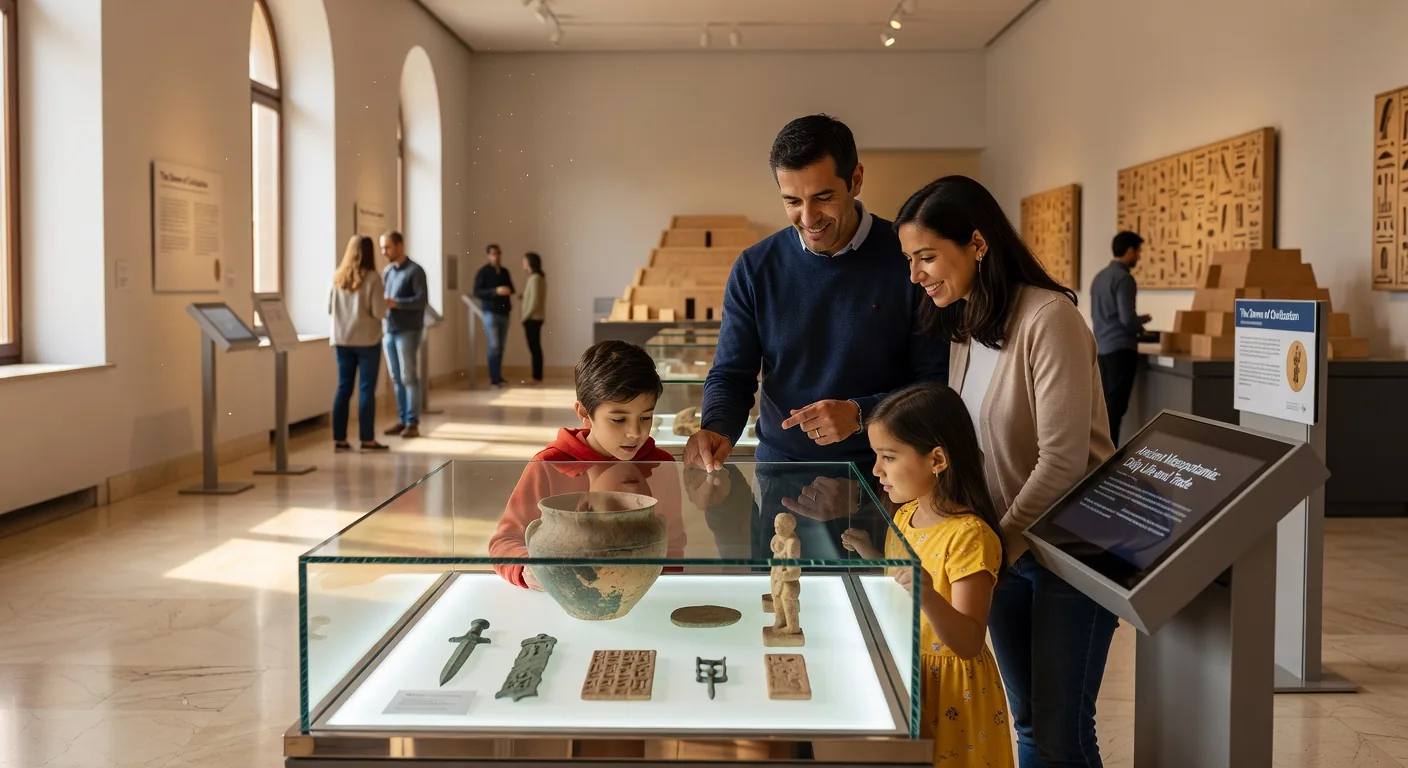 Family exploring museum artifacts and history together