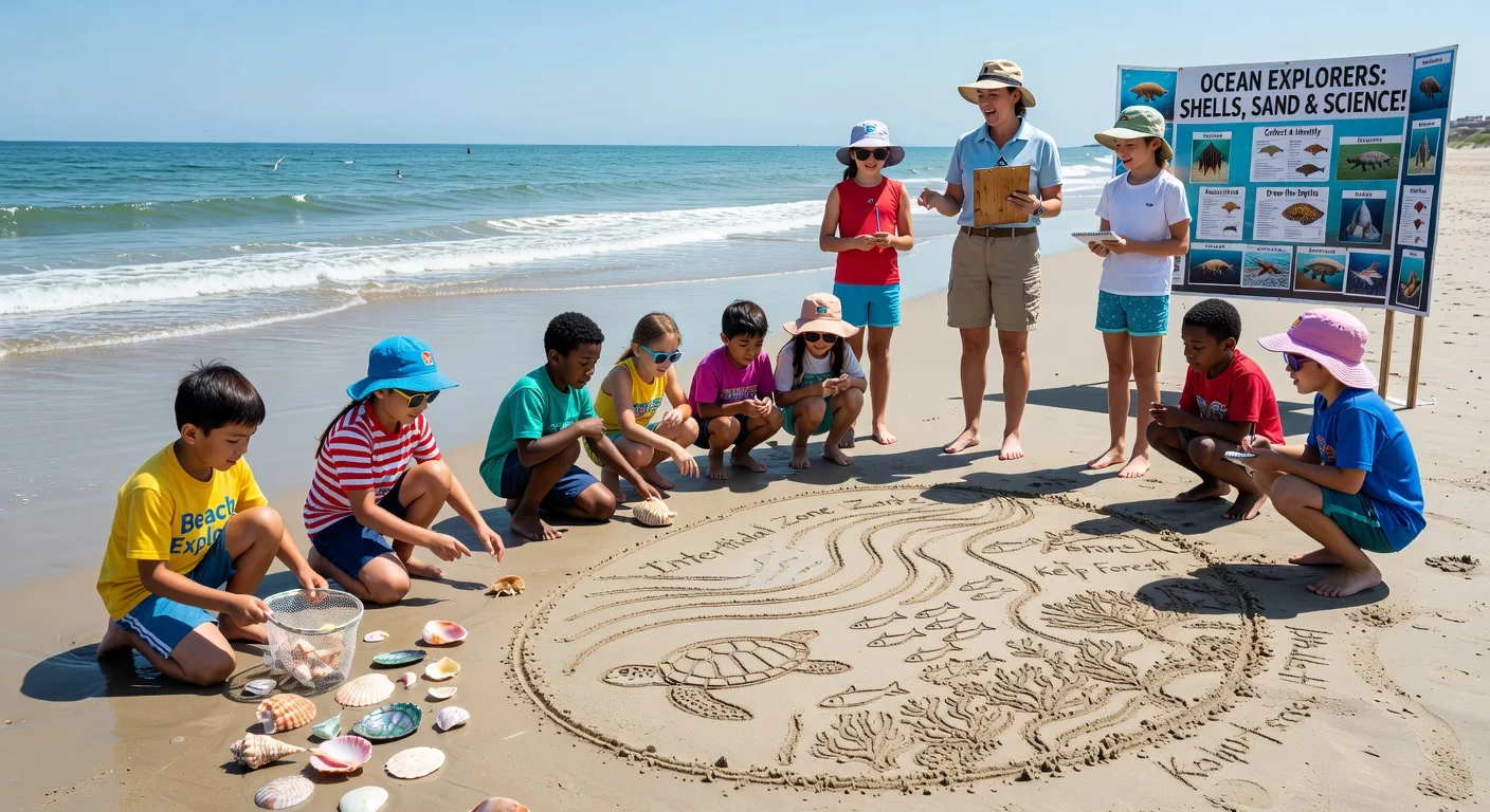 Children at the beach collecting shells and drawing