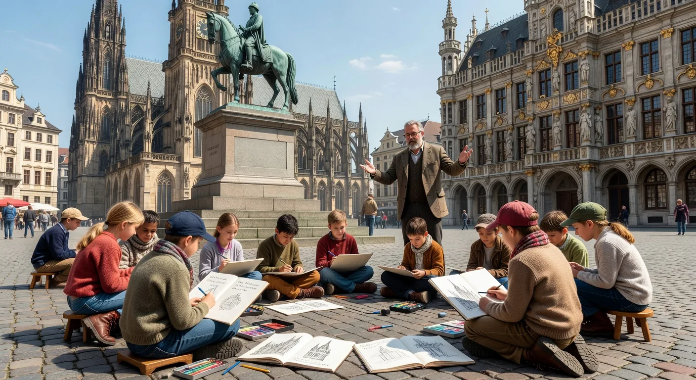 Children sketching city buildings on a worldschooling trip