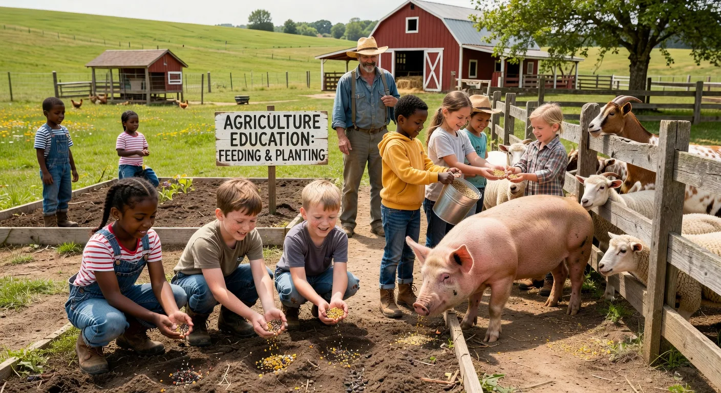 Children with farm animals and planting on a worldschooling farm stay