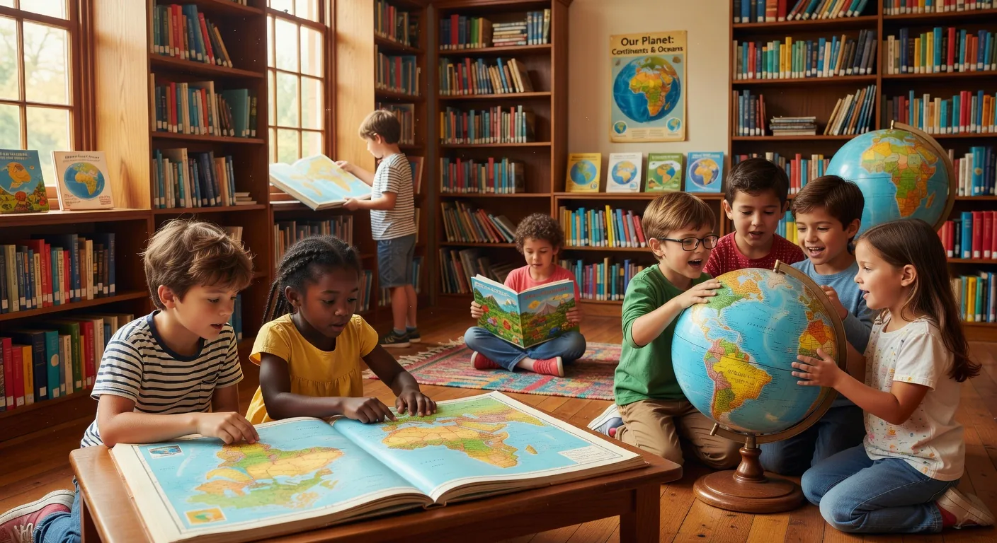 Children's travel library with globes and atlases for worldschooling