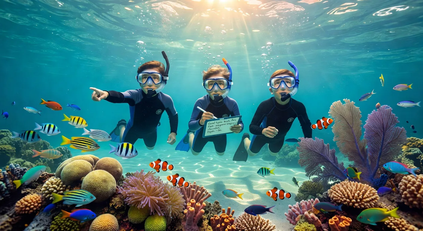 Children snorkeling with fish and coral